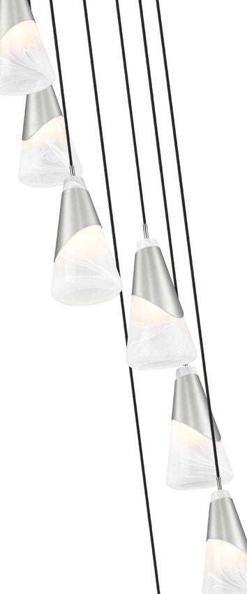 Z-Lite Aimie 7-Light Candelabra Bulb Base Brushed Nickel Steel Frame Feathered White Glass Shade Chandelier
