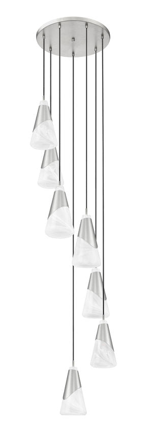 Z-Lite Aimie 7-Light Candelabra Bulb Base Brushed Nickel Steel Frame Feathered White Glass Shade Chandelier