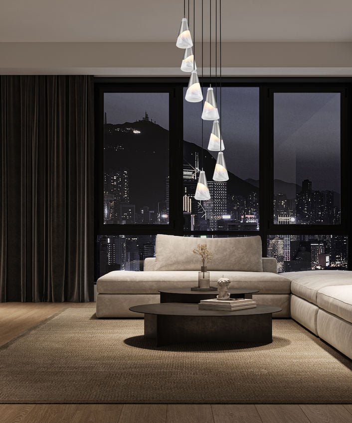 Z-Lite Aimie 7-Light Candelabra Bulb Base Brushed Nickel Steel Frame Feathered White Glass Shade Chandelier