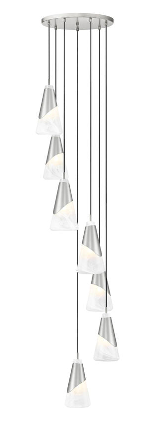 Z-Lite Aimie 7-Light Candelabra Bulb Base Brushed Nickel Steel Frame Feathered White Glass Shade Chandelier