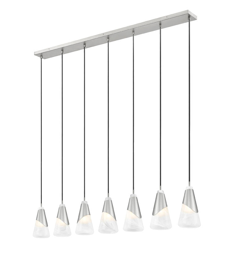 Z-Lite Aimie 7-Light Candelabra Bulb Base Brushed Nickel Steel Frame Feathered White Glass Shade Linear Chandelier