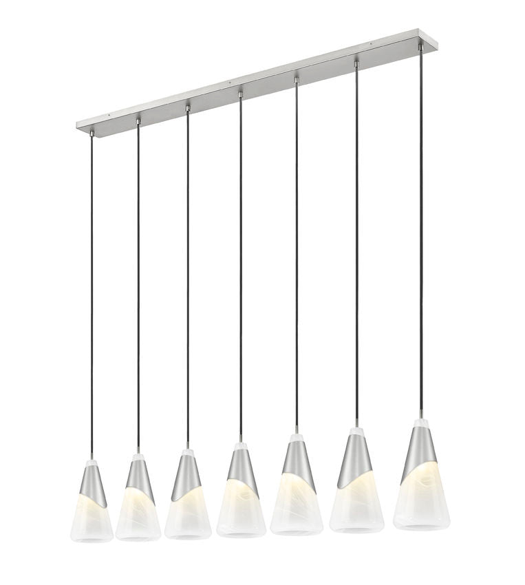 Z-Lite Aimie 7-Light Candelabra Bulb Base Brushed Nickel Steel Frame Feathered White Glass Shade Linear Chandelier