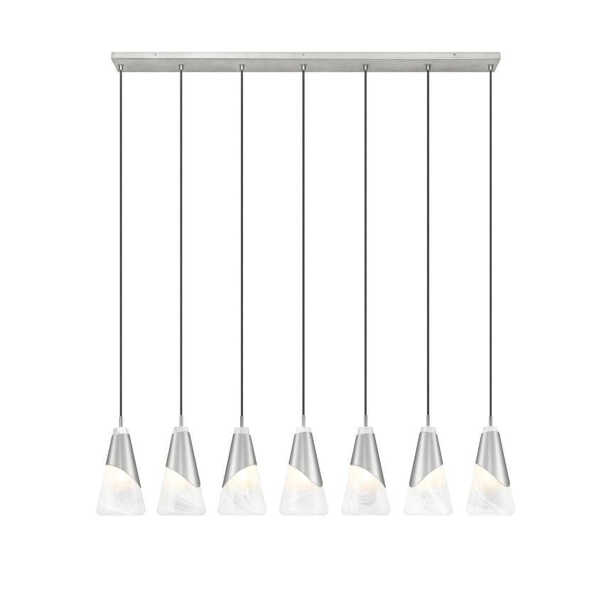Z-Lite Aimie 7-Light Candelabra Bulb Base Brushed Nickel Steel Frame Feathered White Glass Shade Linear Chandelier