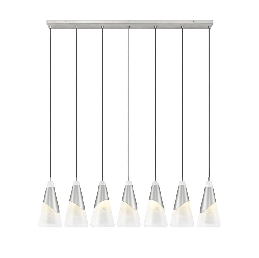 Z-Lite Aimie 7-Light Candelabra Bulb Base Brushed Nickel Steel Frame Feathered White Glass Shade Linear Chandelier