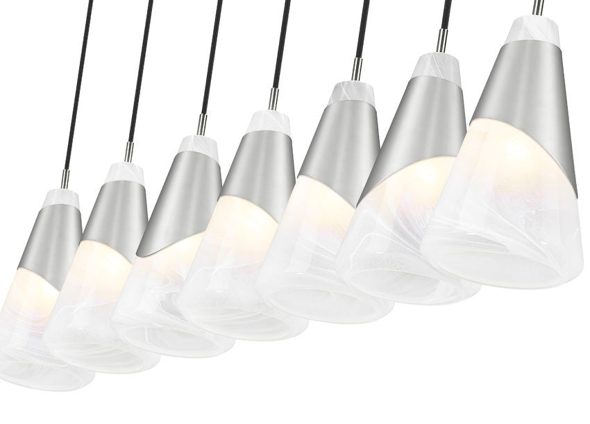 Z-Lite Aimie 7-Light Candelabra Bulb Base Brushed Nickel Steel Frame Feathered White Glass Shade Linear Chandelier