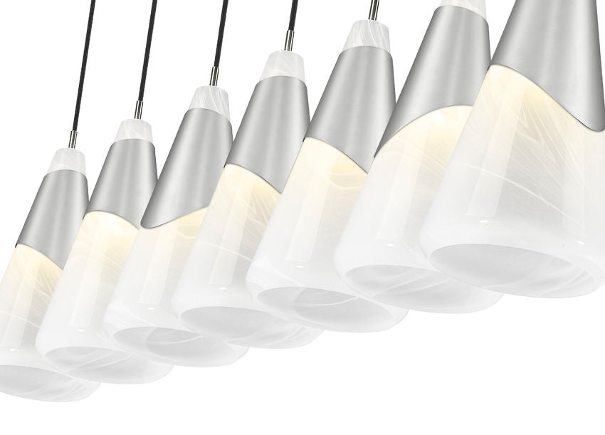 Z-Lite Aimie 7-Light Candelabra Bulb Base Brushed Nickel Steel Frame Feathered White Glass Shade Linear Chandelier