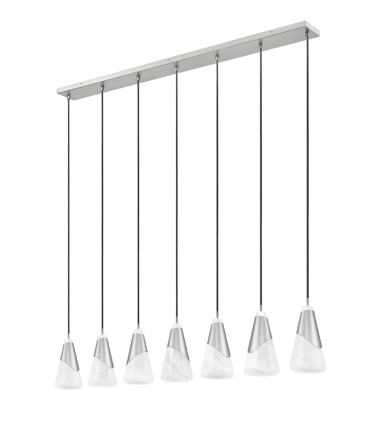 Z-Lite Aimie 7-Light Candelabra Bulb Base Brushed Nickel Steel Frame Feathered White Glass Shade Linear Chandelier