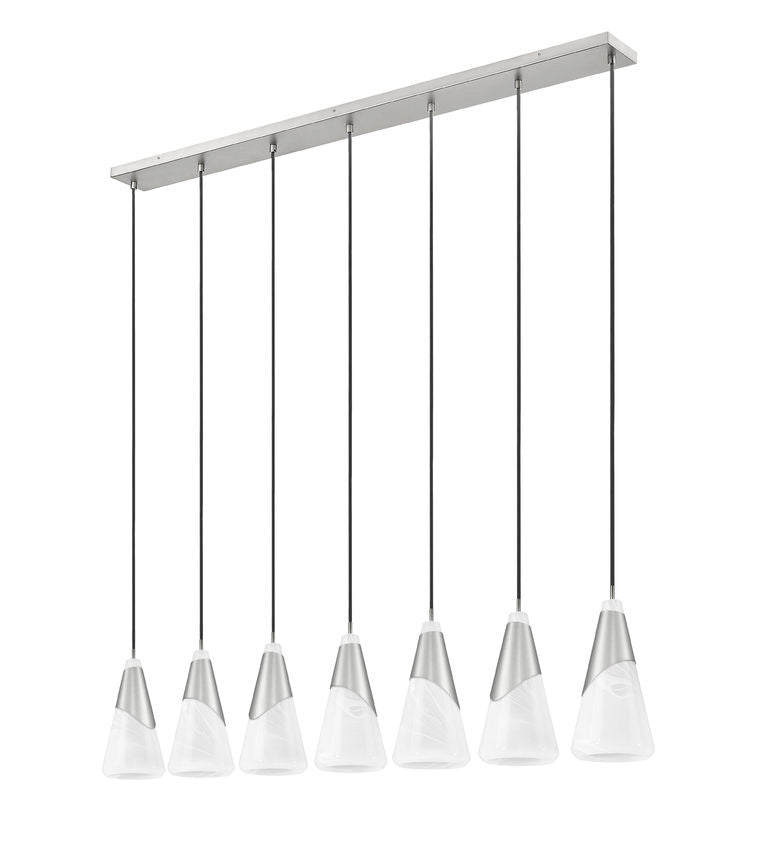 Z-Lite Aimie 7-Light Candelabra Bulb Base Brushed Nickel Steel Frame Feathered White Glass Shade Linear Chandelier