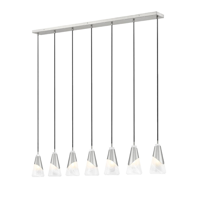 Z-Lite Aimie 7-Light Candelabra Bulb Base Brushed Nickel Steel Frame Feathered White Glass Shade Linear Chandelier