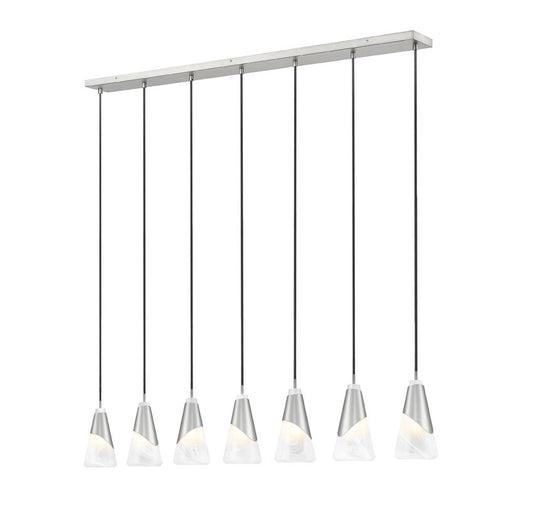 Z-Lite Aimie 7-Light Candelabra Bulb Base Brushed Nickel Steel Frame Feathered White Glass Shade Linear Chandelier