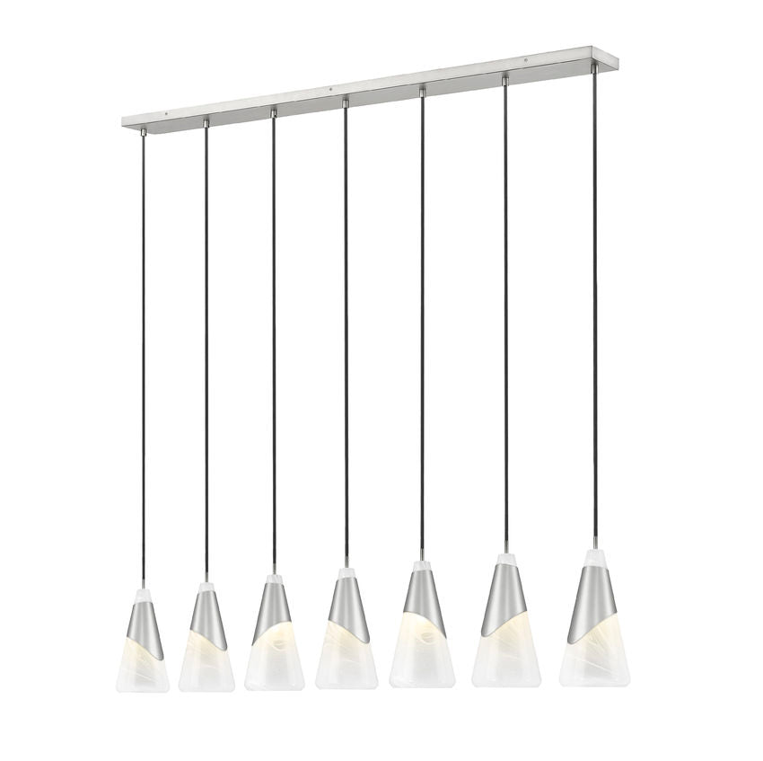 Z-Lite Aimie 7-Light Candelabra Bulb Base Brushed Nickel Steel Frame Feathered White Glass Shade Linear Chandelier