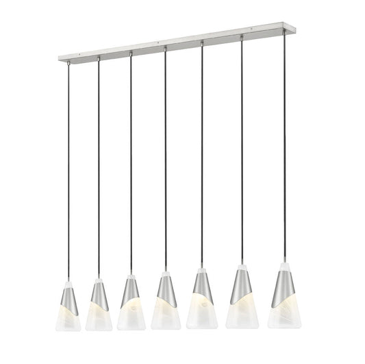 Z-Lite Aimie 7-Light Candelabra Bulb Base Brushed Nickel Steel Frame Feathered White Glass Shade Linear Chandelier