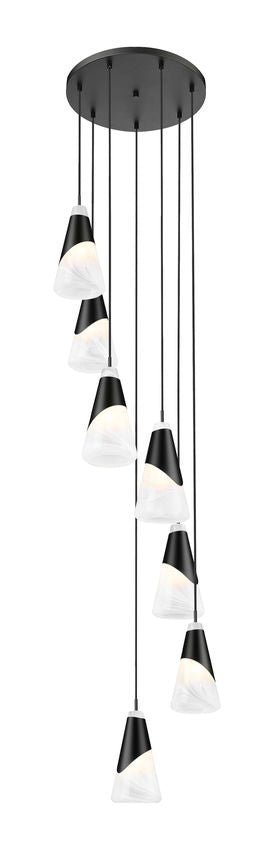 Z-Lite Aimie 7-Light Candelabra Bulb Base Matte Black Steel Frame Feathered White Glass Shade Chandelier
