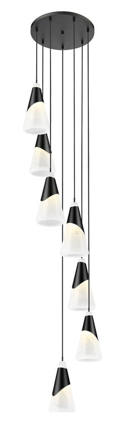 Z-Lite Aimie 7-Light Candelabra Bulb Base Matte Black Steel Frame Feathered White Glass Shade Chandelier