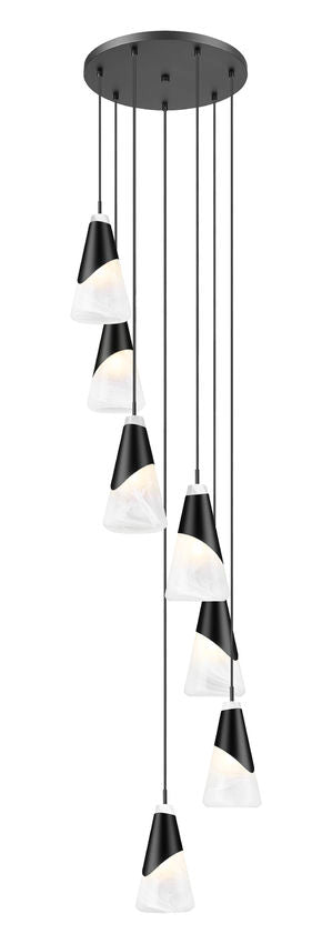 Z-Lite Aimie 7-Light Candelabra Bulb Base Matte Black Steel Frame Feathered White Glass Shade Chandelier