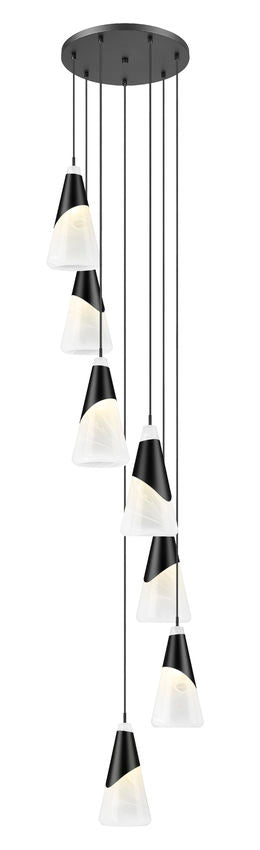 Z-Lite Aimie 7-Light Candelabra Bulb Base Matte Black Steel Frame Feathered White Glass Shade Chandelier