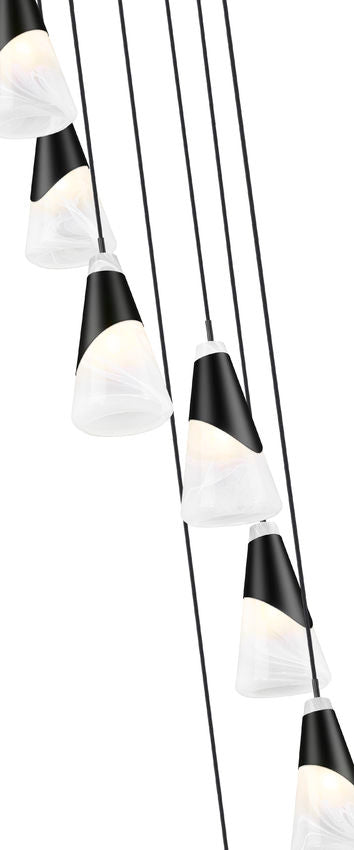 Z-Lite Aimie 7-Light Candelabra Bulb Base Matte Black Steel Frame Feathered White Glass Shade Chandelier
