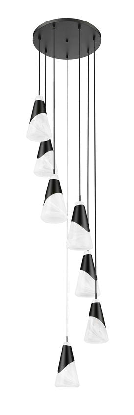 Z-Lite Aimie 7-Light Candelabra Bulb Base Matte Black Steel Frame Feathered White Glass Shade Chandelier