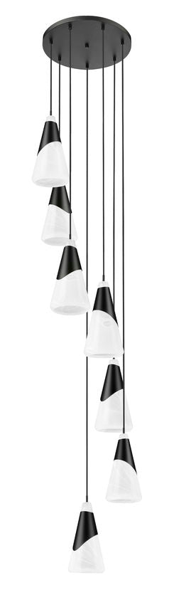 Z-Lite Aimie 7-Light Candelabra Bulb Base Matte Black Steel Frame Feathered White Glass Shade Chandelier