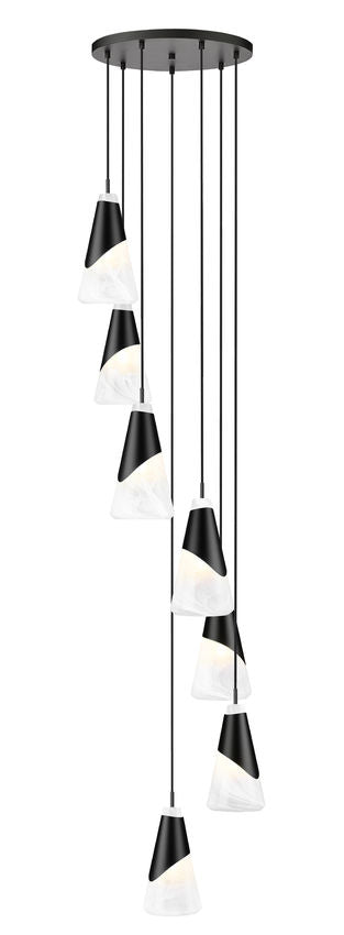 Z-Lite Aimie 7-Light Candelabra Bulb Base Matte Black Steel Frame Feathered White Glass Shade Chandelier