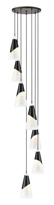 Z-Lite Aimie 7-Light Candelabra Bulb Base Matte Black Steel Frame Feathered White Glass Shade Chandelier