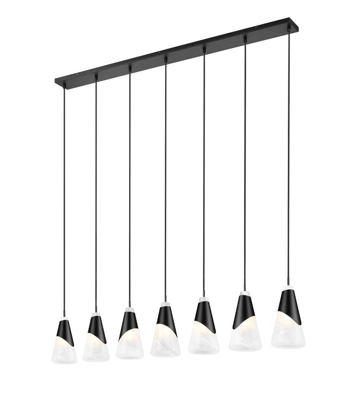 Z-Lite Aimie 7-Light Candelabra Bulb Base Matte Black Steel Frame Feathered White Glass Shade Linear Chandelier