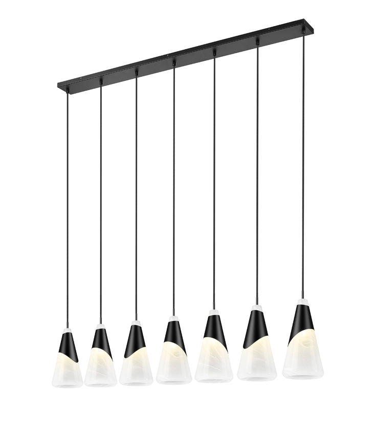 Z-Lite Aimie 7-Light Candelabra Bulb Base Matte Black Steel Frame Feathered White Glass Shade Linear Chandelier