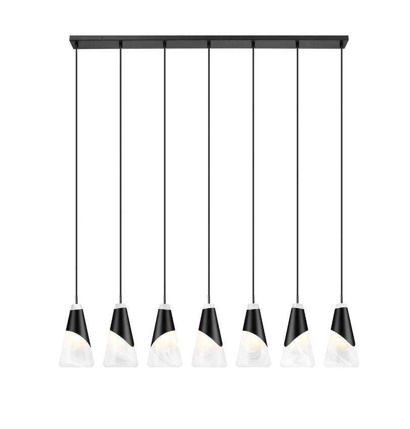 Z-Lite Aimie 7-Light Candelabra Bulb Base Matte Black Steel Frame Feathered White Glass Shade Linear Chandelier