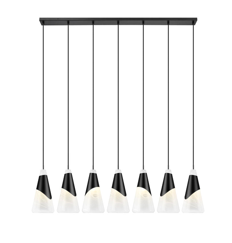 Z-Lite Aimie 7-Light Candelabra Bulb Base Matte Black Steel Frame Feathered White Glass Shade Linear Chandelier