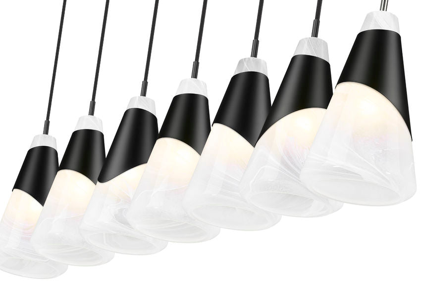 Z-Lite Aimie 7-Light Candelabra Bulb Base Matte Black Steel Frame Feathered White Glass Shade Linear Chandelier