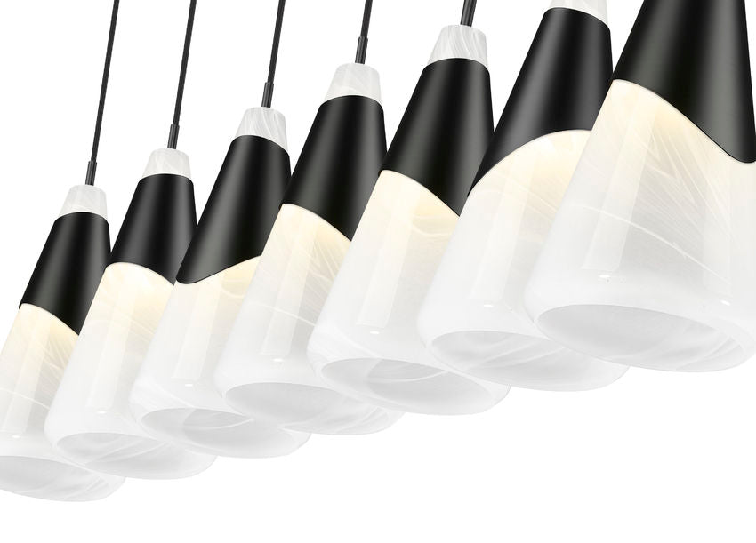 Z-Lite Aimie 7-Light Candelabra Bulb Base Matte Black Steel Frame Feathered White Glass Shade Linear Chandelier