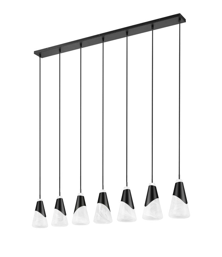 Z-Lite Aimie 7-Light Candelabra Bulb Base Matte Black Steel Frame Feathered White Glass Shade Linear Chandelier