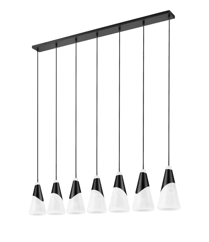 Z-Lite Aimie 7-Light Candelabra Bulb Base Matte Black Steel Frame Feathered White Glass Shade Linear Chandelier