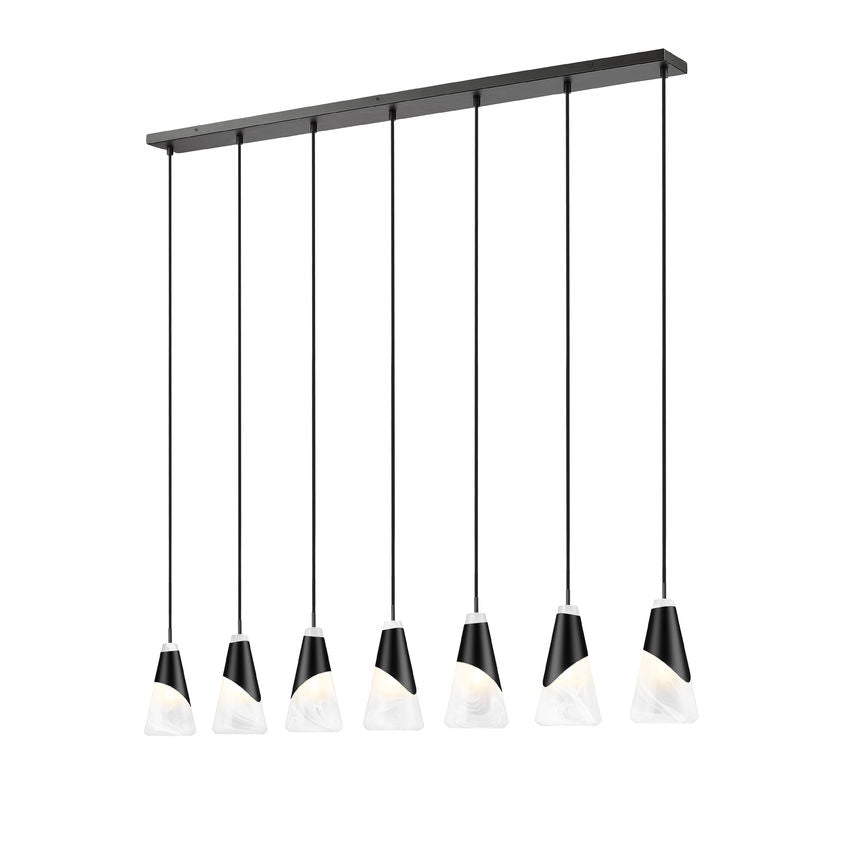 Z-Lite Aimie 7-Light Candelabra Bulb Base Matte Black Steel Frame Feathered White Glass Shade Linear Chandelier