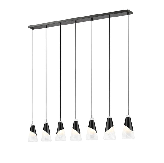Z-Lite Aimie 7-Light Candelabra Bulb Base Matte Black Steel Frame Feathered White Glass Shade Linear Chandelier