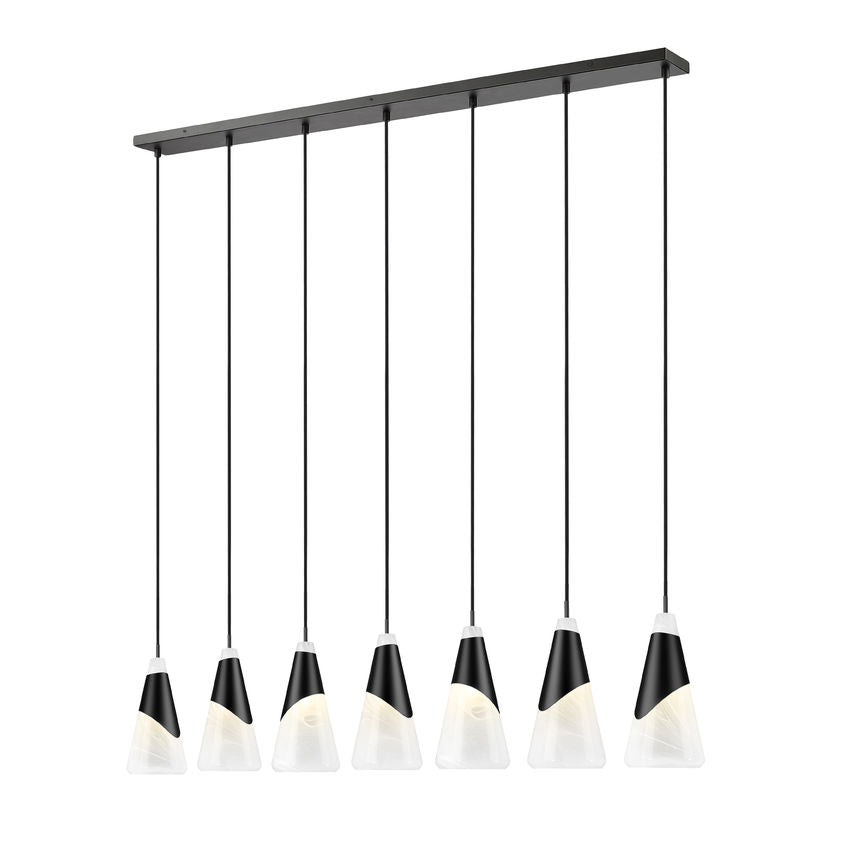 Z-Lite Aimie 7-Light Candelabra Bulb Base Matte Black Steel Frame Feathered White Glass Shade Linear Chandelier