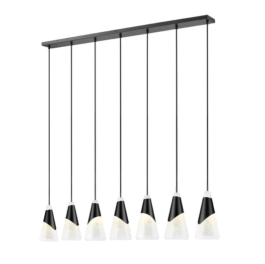 Z-Lite Aimie 7-Light Candelabra Bulb Base Matte Black Steel Frame Feathered White Glass Shade Linear Chandelier