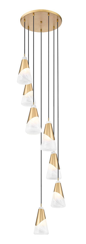 Z-Lite Aimie 7-Light Candelabra Bulb Base Modern Gold Steel Frame Feathered White Glass Shade Chandelier