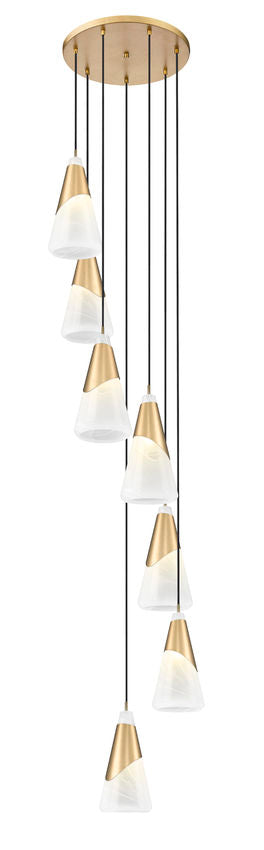 Z-Lite Aimie 7-Light Candelabra Bulb Base Modern Gold Steel Frame Feathered White Glass Shade Chandelier