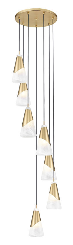 Z-Lite Aimie 7-Light Candelabra Bulb Base Modern Gold Steel Frame Feathered White Glass Shade Chandelier