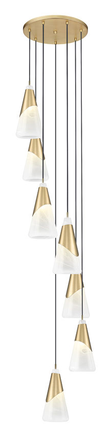 Z-Lite Aimie 7-Light Candelabra Bulb Base Modern Gold Steel Frame Feathered White Glass Shade Chandelier
