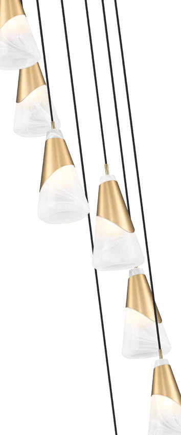 Z-Lite Aimie 7-Light Candelabra Bulb Base Modern Gold Steel Frame Feathered White Glass Shade Chandelier