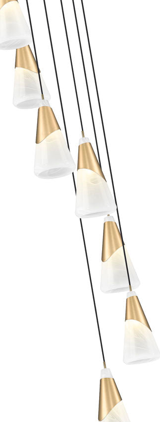 Z-Lite Aimie 7-Light Candelabra Bulb Base Modern Gold Steel Frame Feathered White Glass Shade Chandelier