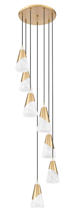 Z-Lite Aimie 7-Light Candelabra Bulb Base Modern Gold Steel Frame Feathered White Glass Shade Chandelier