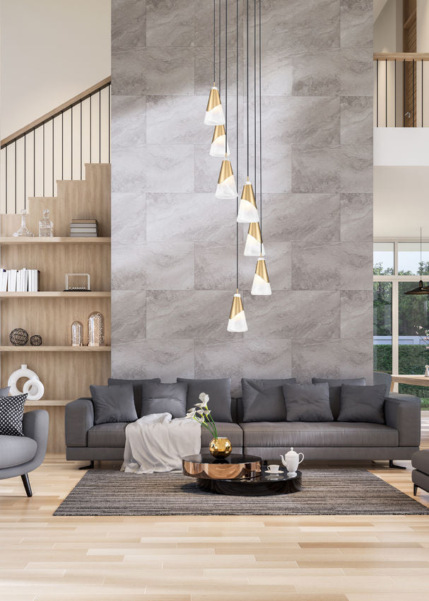 Z-Lite Aimie 7-Light Candelabra Bulb Base Modern Gold Steel Frame Feathered White Glass Shade Chandelier