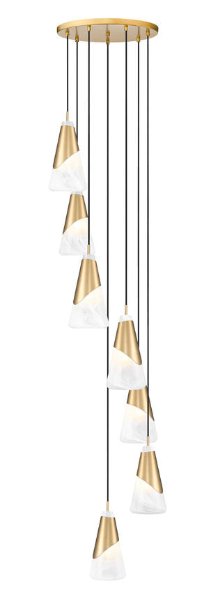 Z-Lite Aimie 7-Light Candelabra Bulb Base Modern Gold Steel Frame Feathered White Glass Shade Chandelier