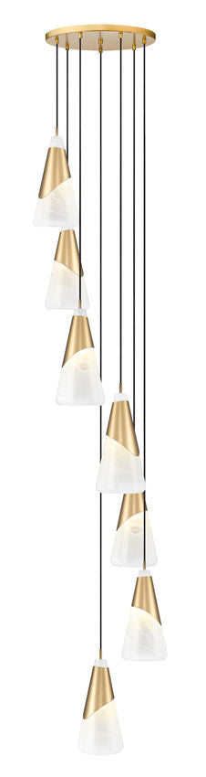 Z-Lite Aimie 7-Light Candelabra Bulb Base Modern Gold Steel Frame Feathered White Glass Shade Chandelier