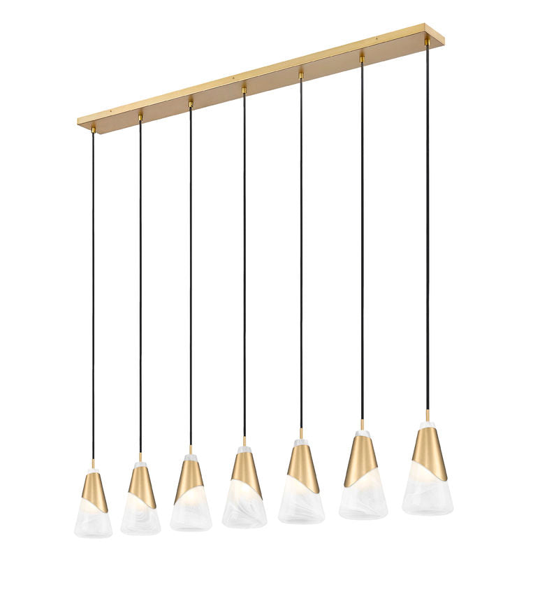 Z-Lite Aimie 7-Light Candelabra Bulb Base Modern Gold Steel Frame Feathered White Glass Shade Linear Chandelier