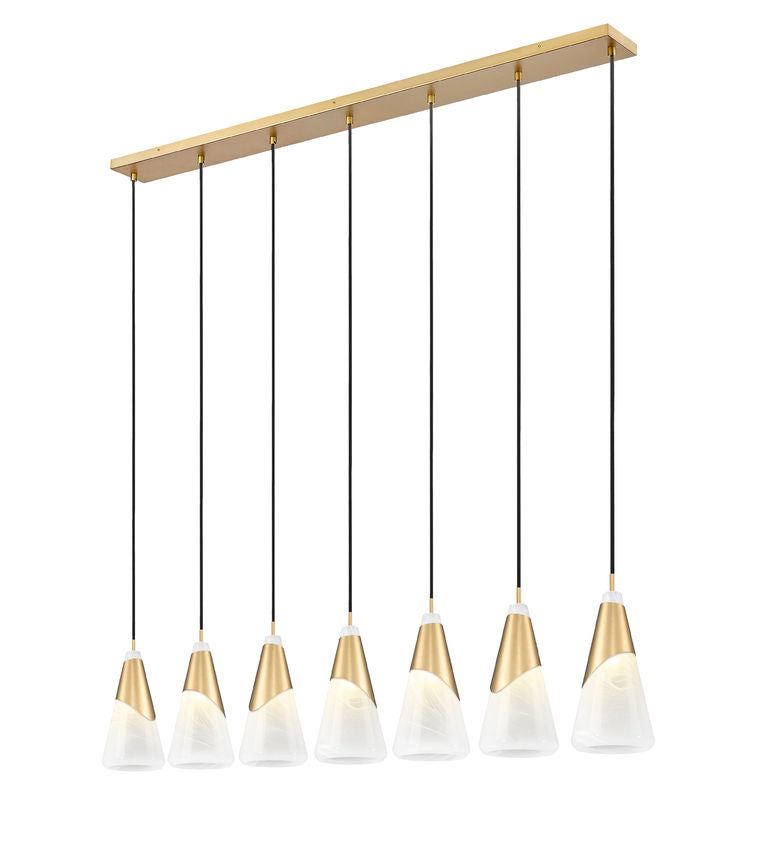 Z-Lite Aimie 7-Light Candelabra Bulb Base Modern Gold Steel Frame Feathered White Glass Shade Linear Chandelier