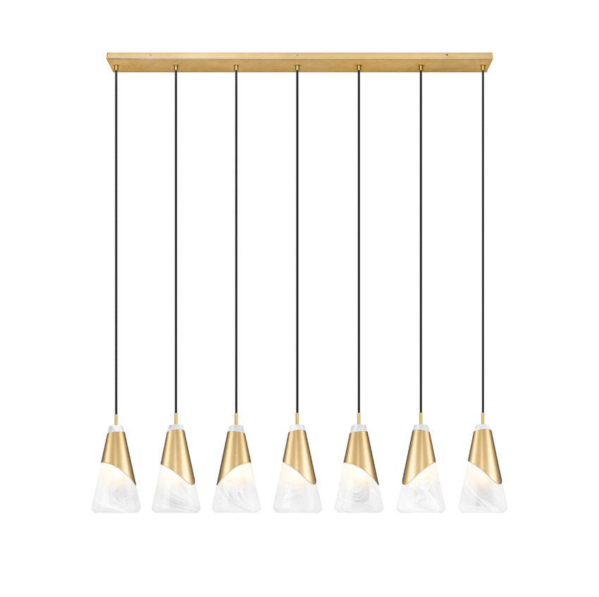 Z-Lite Aimie 7-Light Candelabra Bulb Base Modern Gold Steel Frame Feathered White Glass Shade Linear Chandelier